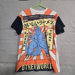 Brisco Brands Kaiju Ramen Temple Godzilla Graphic T-Shirt Mens Large Orange Blue